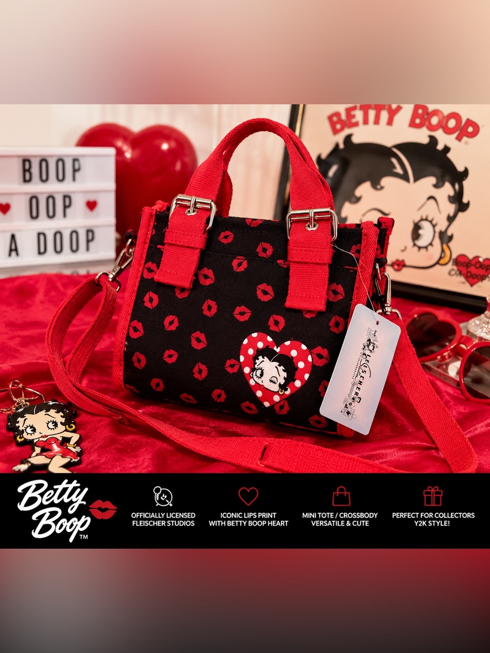 NWT - Collectible Betty Boop Black & Red Kiss-Print Mini Tote Bag